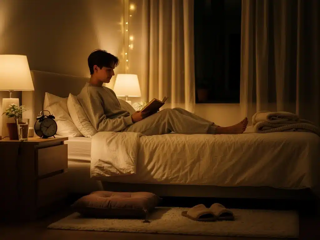 Person engaging in a calming evening routine before sleep, promoting relaxation.