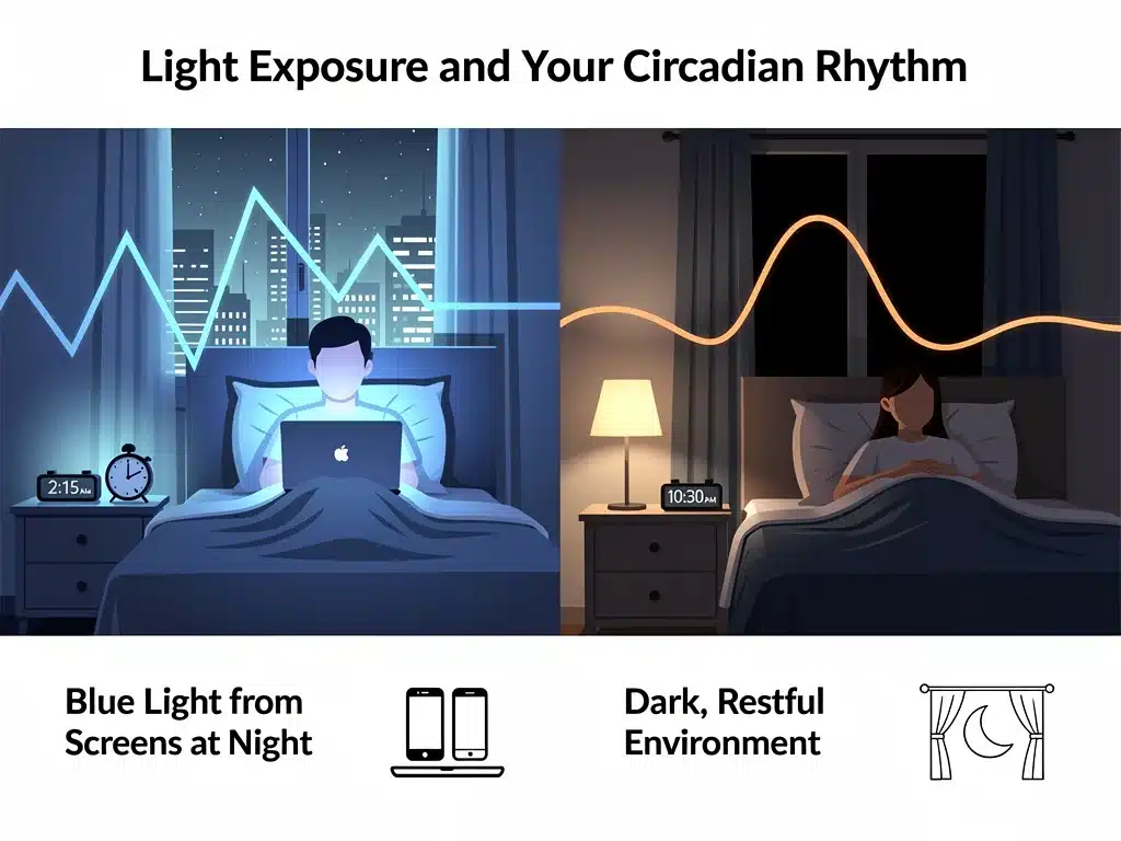 Graphic depicting blue light impact versus darkness on sleep cycles for improved rest.