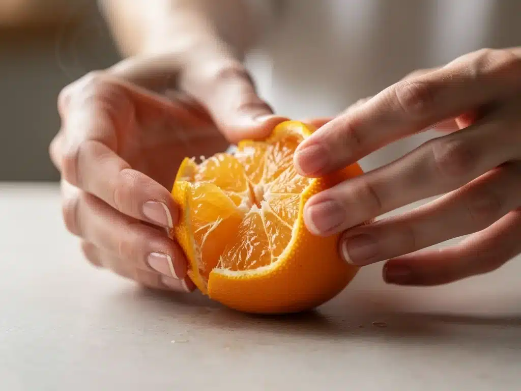 Hands mindfully peeling an orange, focusing on sensory experience