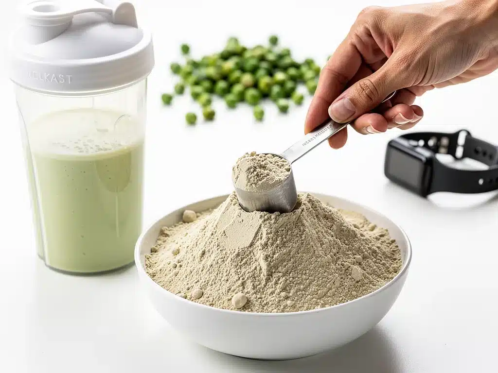 Pea protein powder, shaker, and fresh peas, illustrating a key plant-based protein source for athletic recovery and muscle growth.