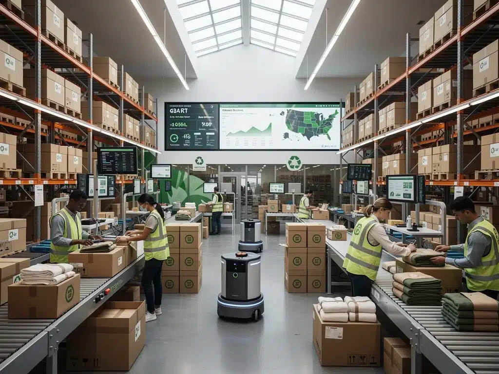 Automated warehouse operations in the US efficiently packaging sustainable fashion items for online distribution, highlighting e-commerce growth.