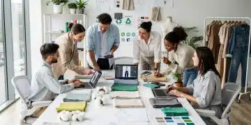 Innovators collaborating on sustainable fashion designs in a modern US studio, showcasing eco-friendly materials and digital tools.