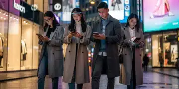 Diverse young adults engaging with fashion content on smartphones, representing future US consumer loyalty.