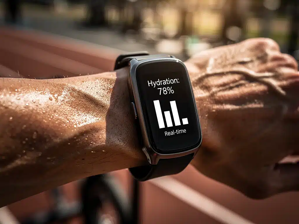 Wearable hydration sensor on an athlete's wrist providing real-time data for smart hydration management.