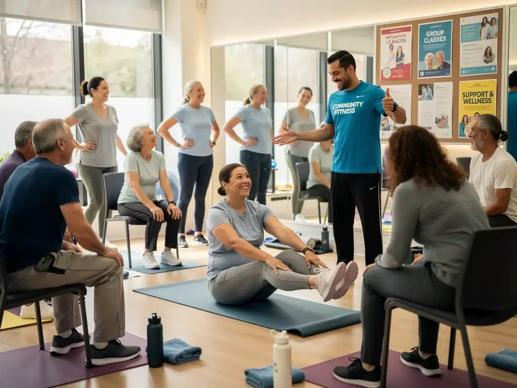 US adult enjoying a community fitness class, highlighting social support for active lifestyles.
