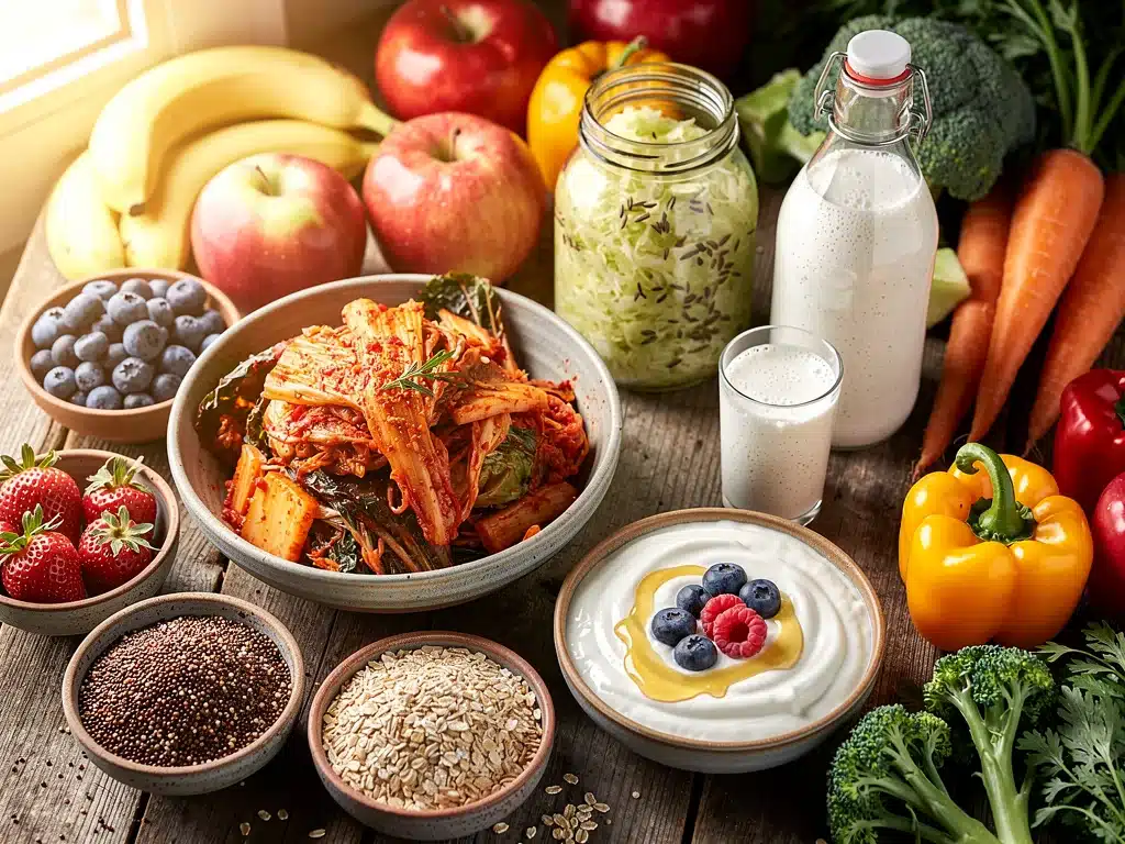 Selection of fermented foods and fibre-rich produce supporting optimising gut health.