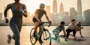 Futuristic fitness enthusiasts wearing wearables, actively engaging in sports against a modern city backdrop, depicting advanced health monitoring.