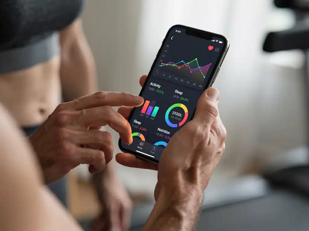 US adult tracking fitness progress on a mobile app for sustainable health goals.