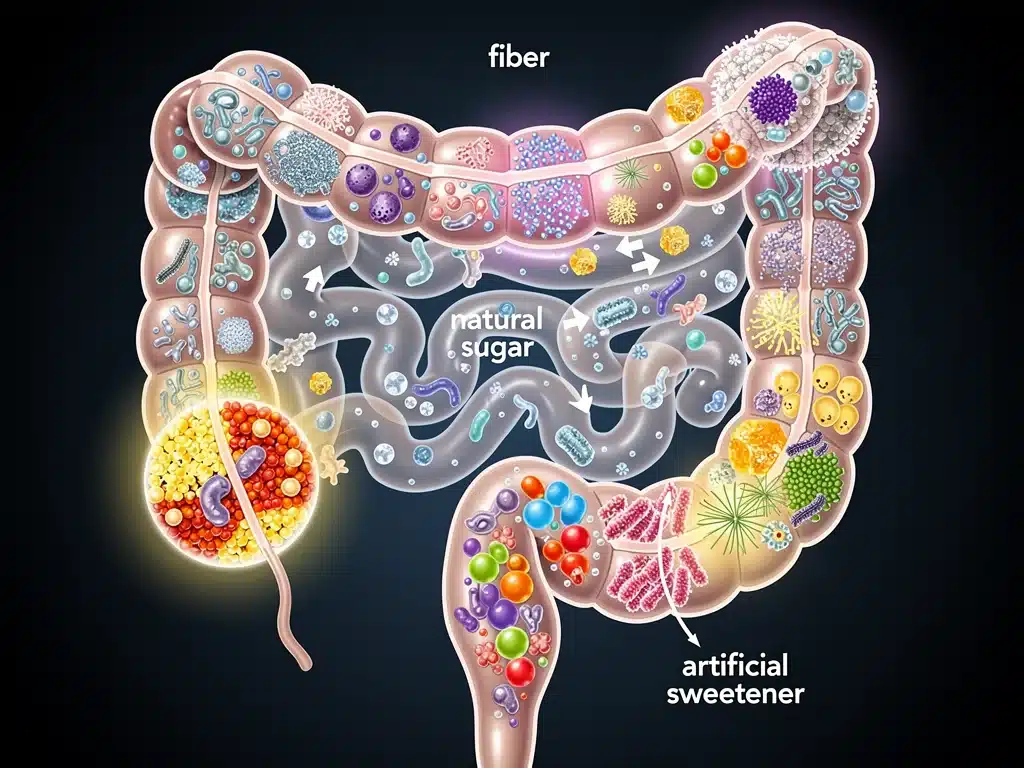 Microscopic view of gut microbiome, illustrating bacteria and their interaction with diet.