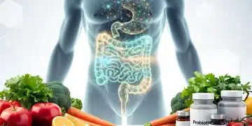 Illustration of a healthy gut microbiome with probiotics and prebiotics for optimising gut health.