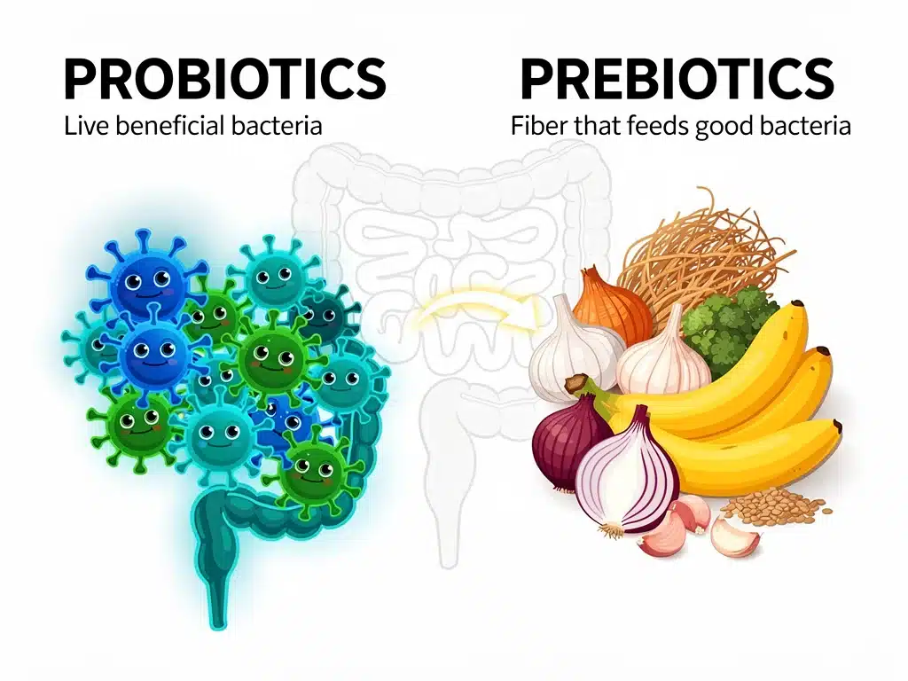 Infographic distinguishing probiotics and prebiotics for optimising gut health.