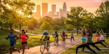 Diverse US adults engaging in sustainable outdoor fitness activities, promoting long-term health and well-being.