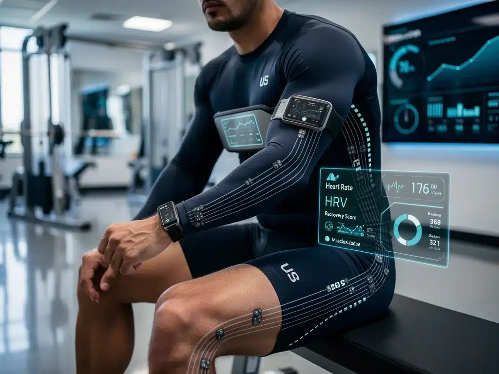 Wearable technology monitoring athlete recovery metrics in real-time, showing data on a digital interface.