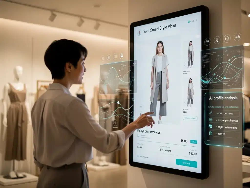 Customer engaging with AI-powered personalised recommendations on a large touchscreen in a modern fashion store.