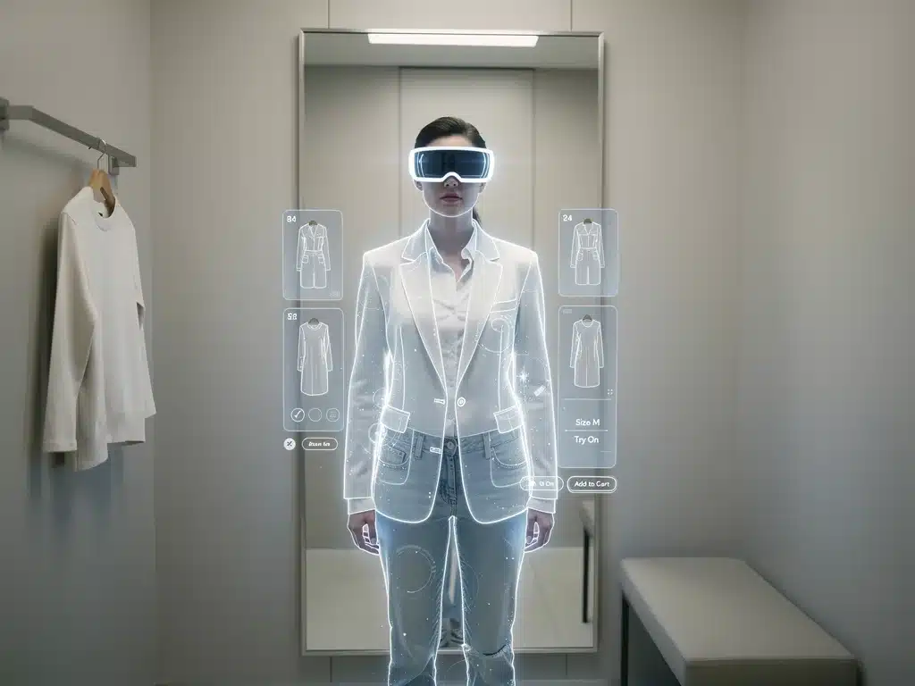 Shopper using augmented reality technology for virtual try-on of garments in a modern retail environment.