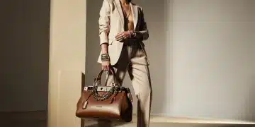 Model displaying Fendi's 2026 accessories, including a Peekaboo bag and statement jewellery, in a studio setting.