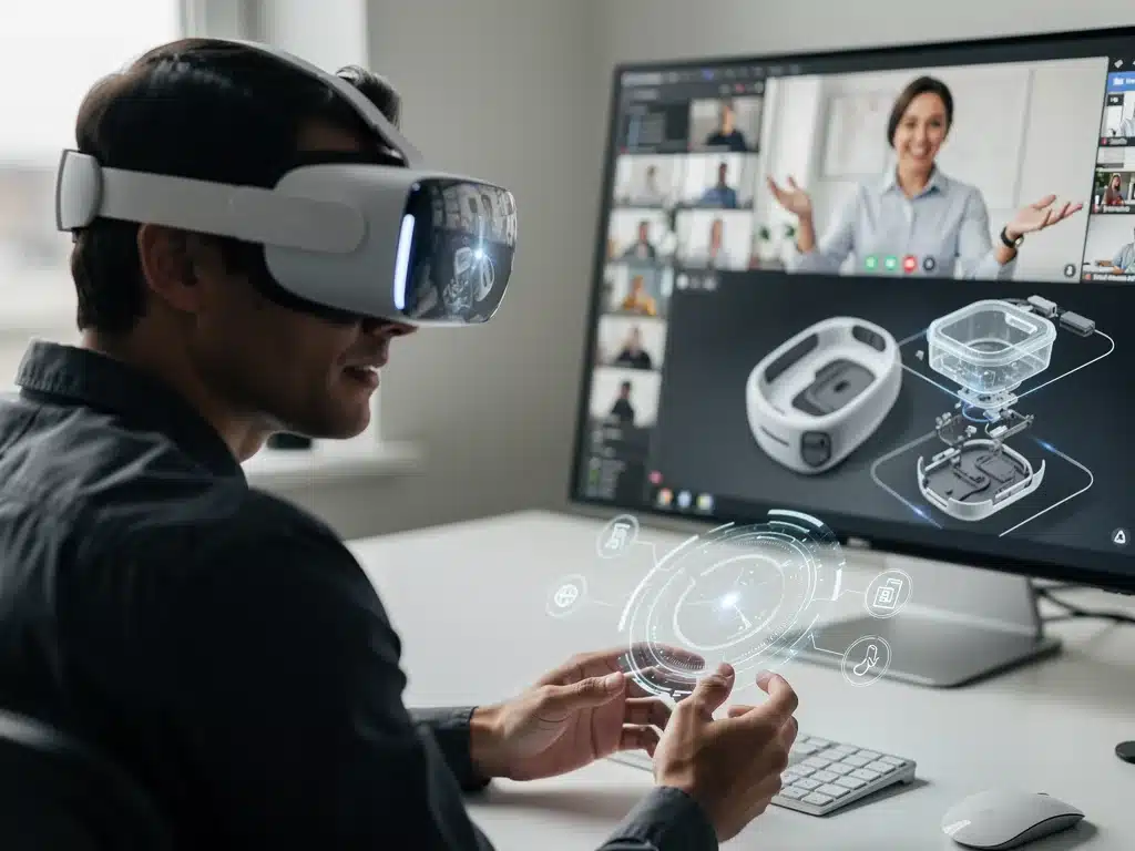 Designer using immersive technology while reviewing a digital fashion collection with remote collaborators.