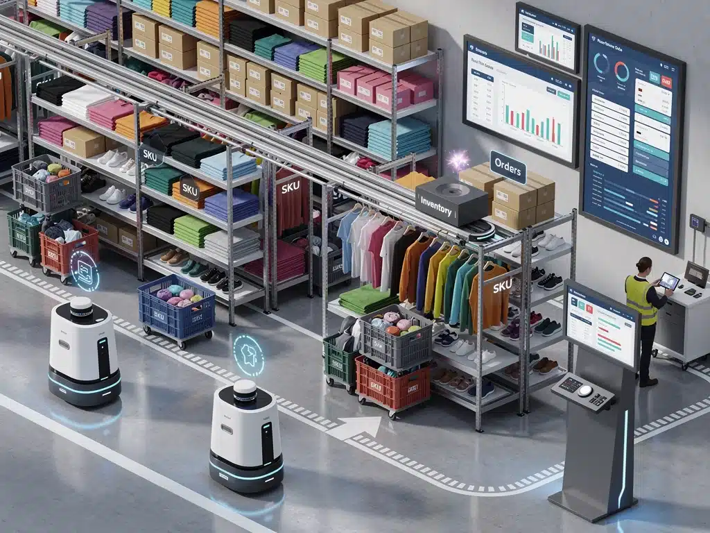 Automated warehouse robots streamlining fashion inventory management.
