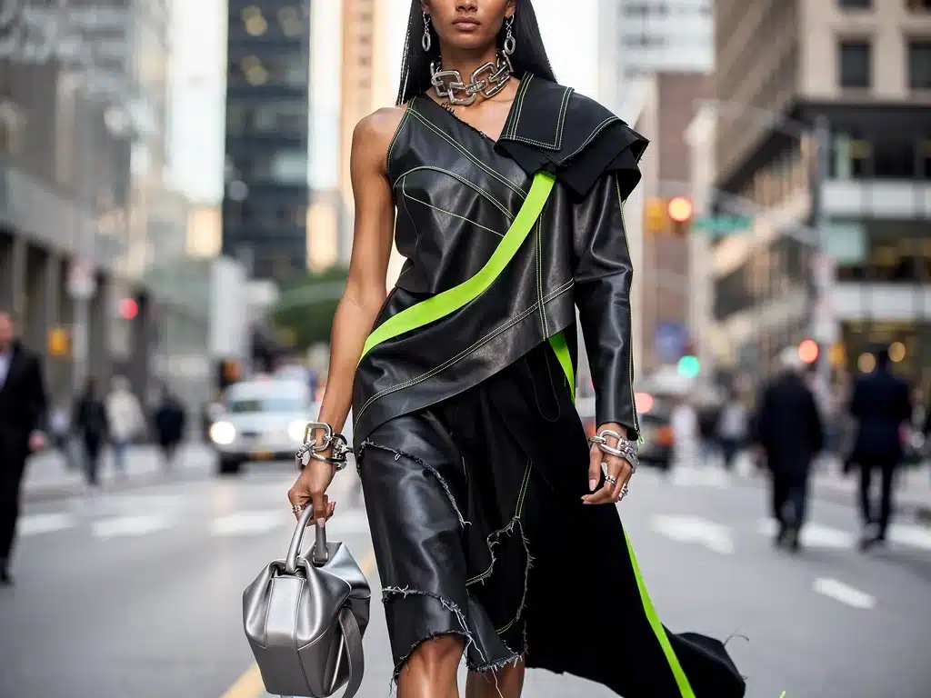 Deconstructed Balenciaga streetwear with asymmetrical cuts and layered fabrics.