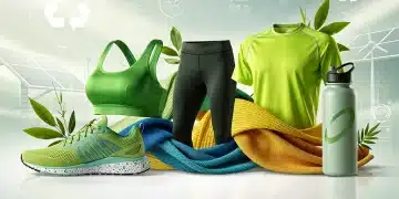 Futuristic eco-friendly sportswear materials, vibrant fabric swatches.