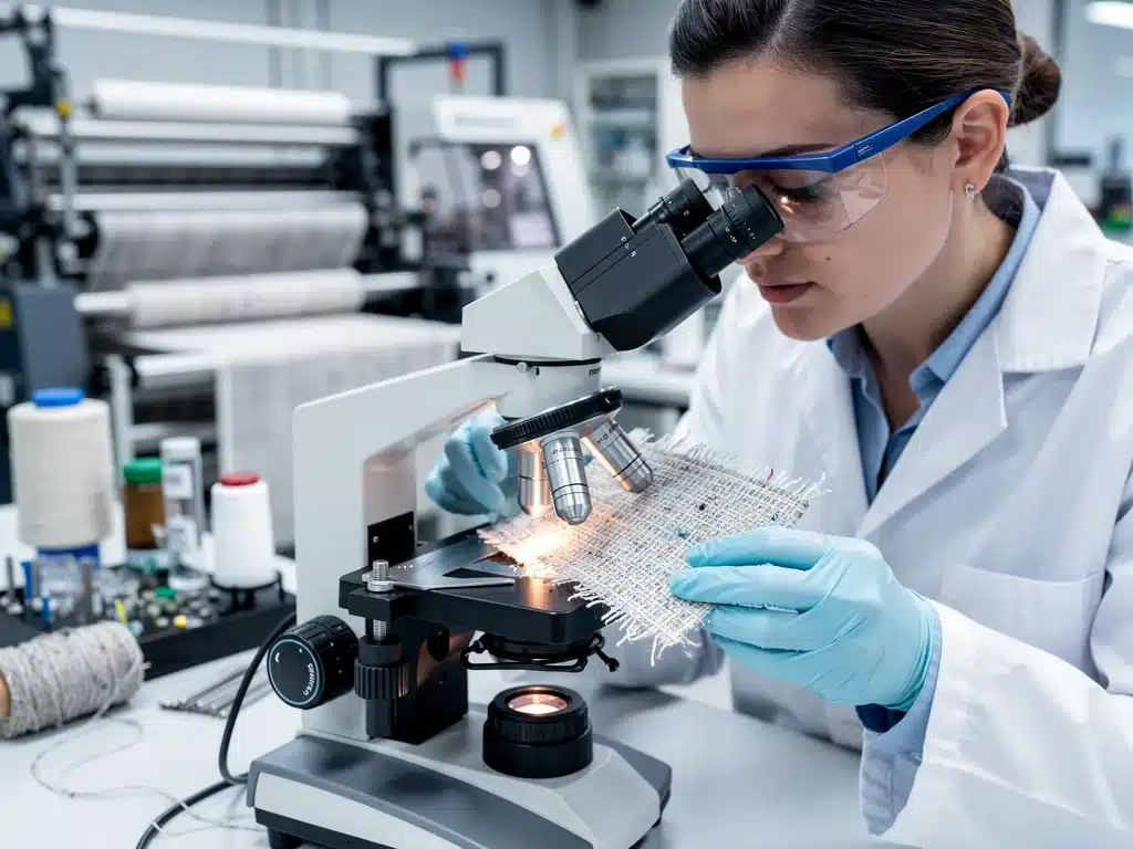 Textile engineer examining recycled polyester fabric in lab.