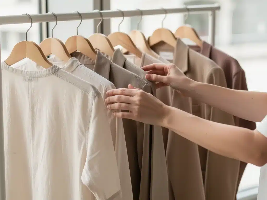 Hands browsing a rail of eco-friendly, gender-neutral clothing in a contemporary boutique, focusing on sustainable fashion.